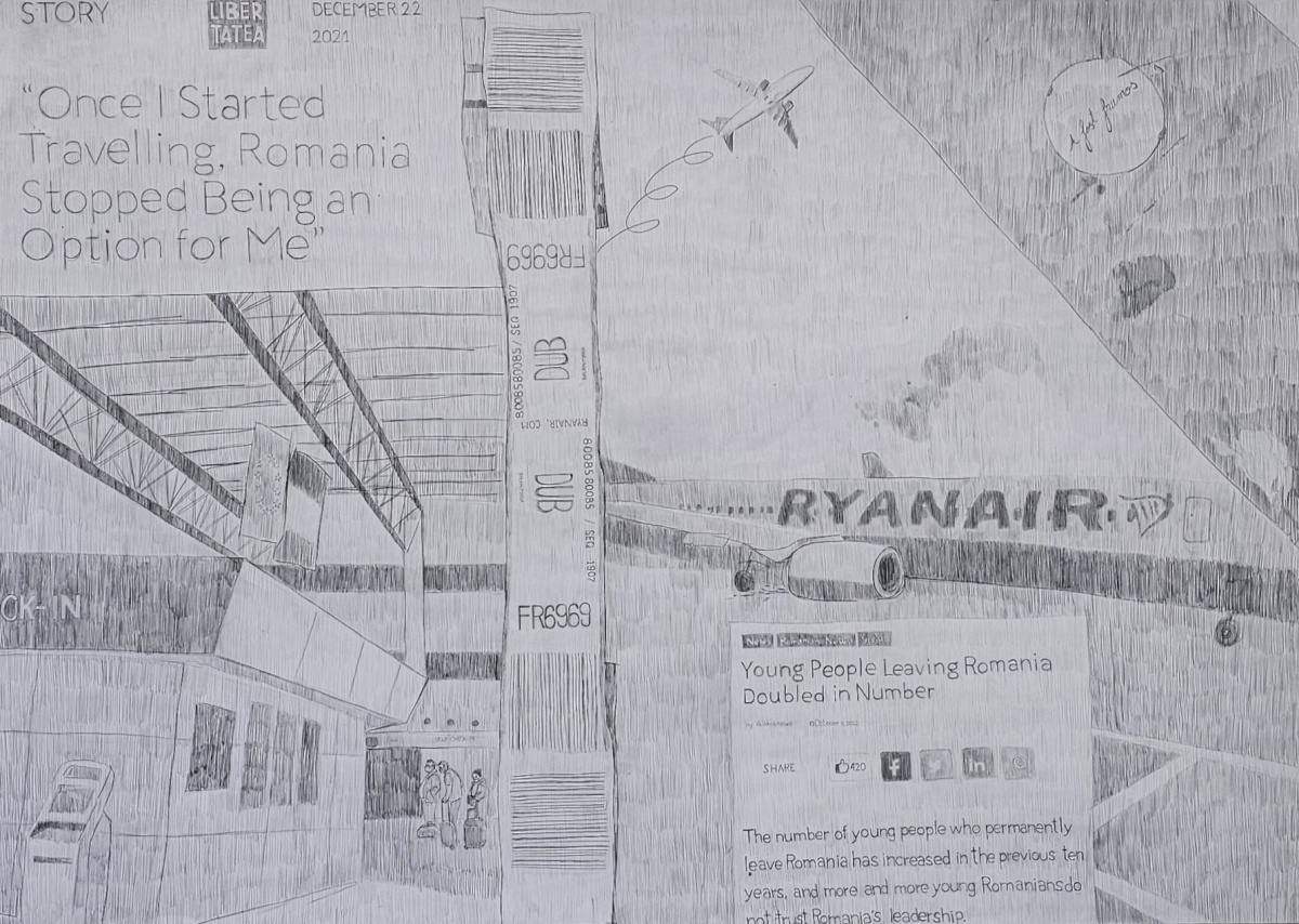 A drawn out collage containing text in English, a luggage tag, two planes, an airport terminal, two articles about Romanians emigrating, a pole with a sticker with Romanian cursive on it