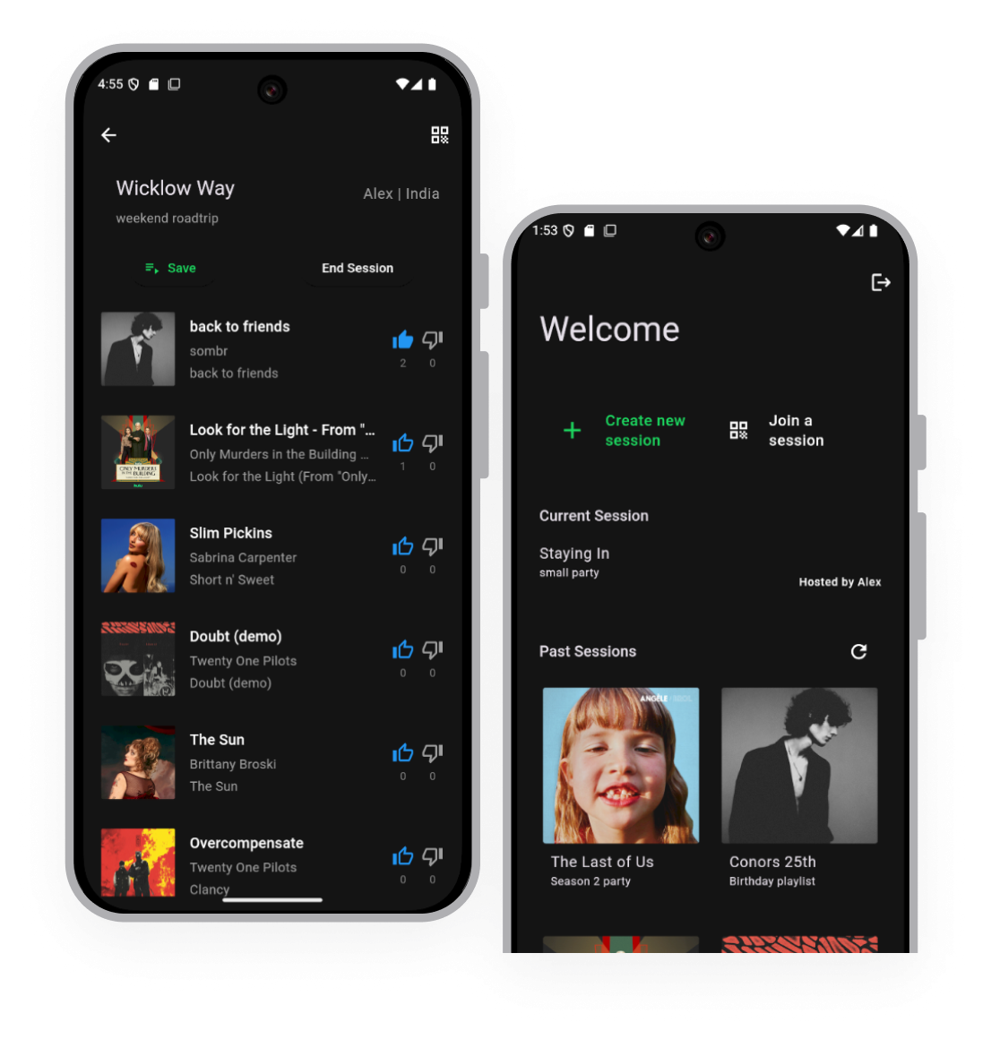 two app screens, a playlist with track titles and album artwork, a homepage with action buttons and album artwork