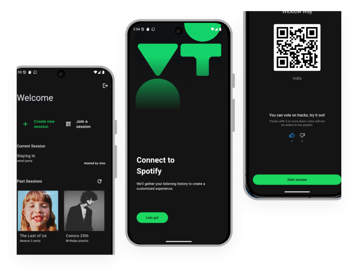 three app screens, homescreen, Spotify connect screen and a join screen with a QR code