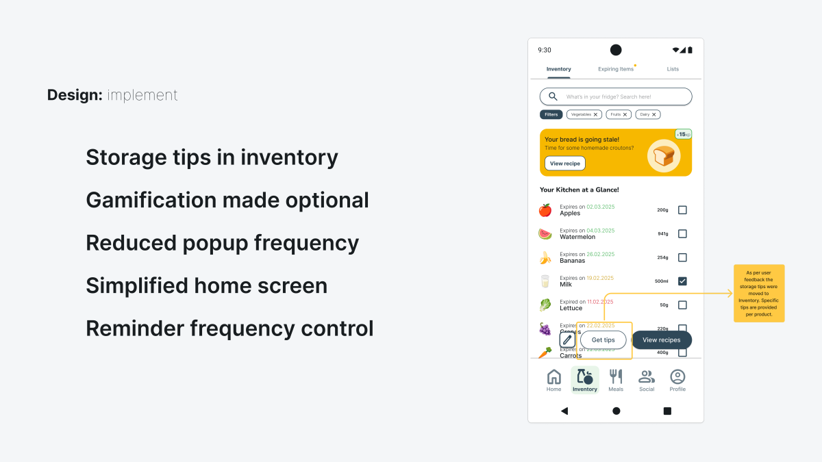 This image shows a screen form the Savr app with notes based on user feedback with possible beneficial amendments.