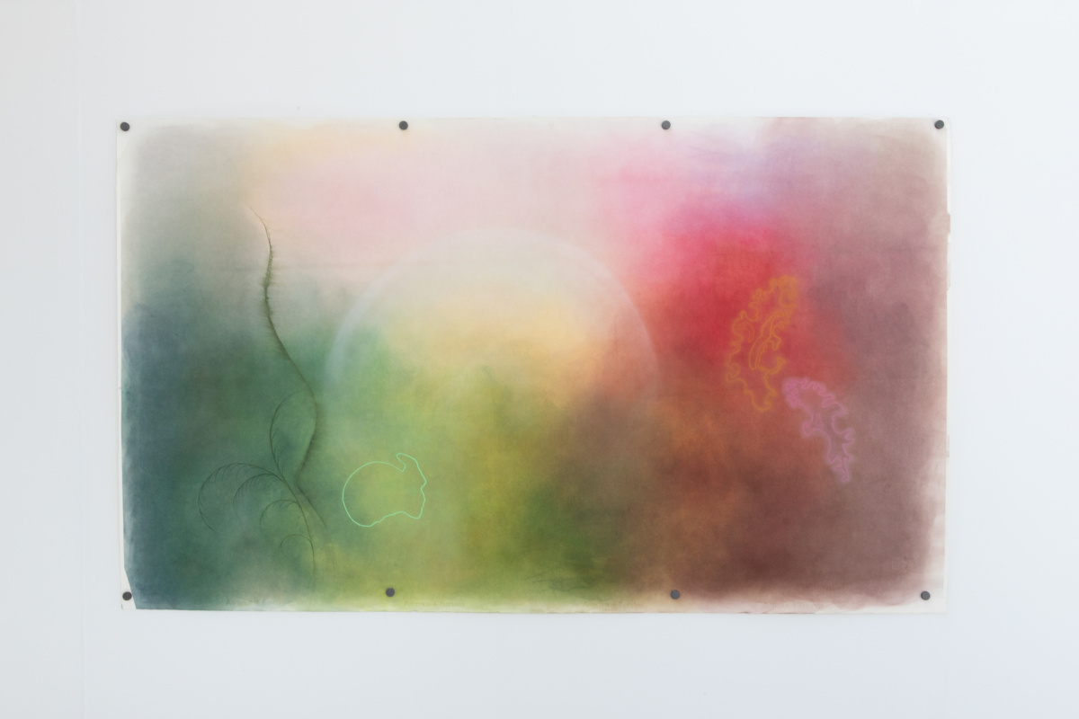 "Stem", 2025. Soft pastel and coloured pencil on paper, 140x236cm.