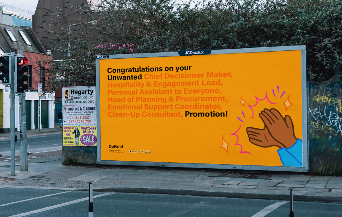 Billboard listing jobs that someone carrying the mental load might have like Clean-Up Consultant