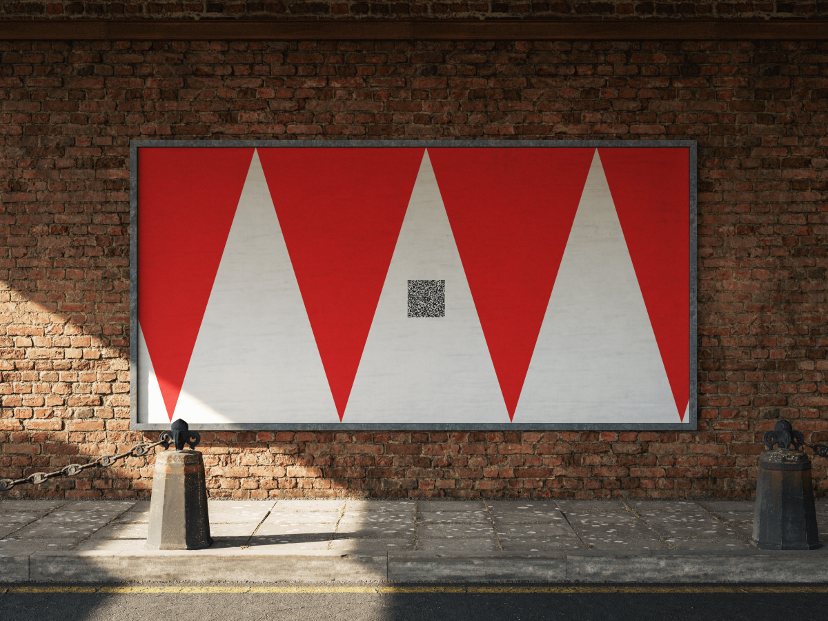 Mutt Billboard: Red and white upside down triangles, pattern with a qr code in the middle