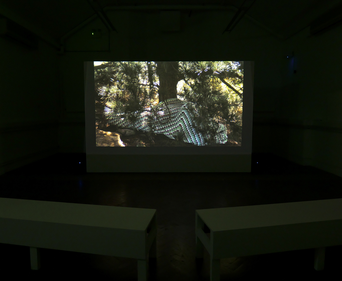 Installation view of Cripteron piece, two benches are close to camera and a projection screen in the background, playing cripteron