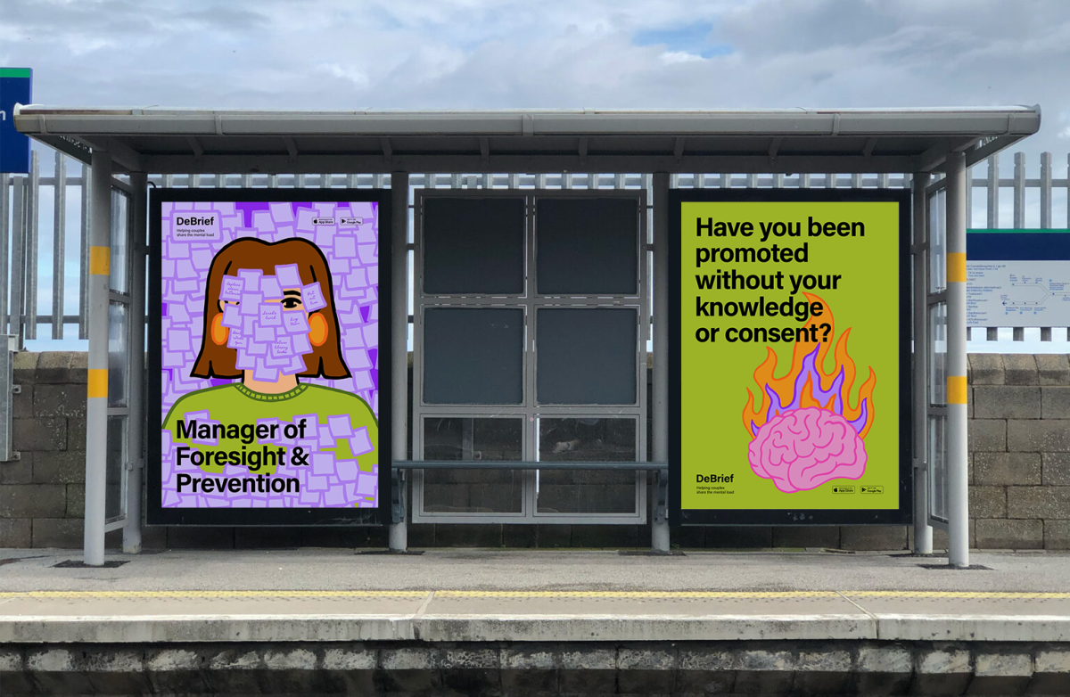 DART stop with poster with 2 posters. The first shows a woman covered in sticky notes and the text "Manager of Foresight & Prevention." The second poster features and a brain on fire with the text "Have you been promoted without your knowledge or consent?"