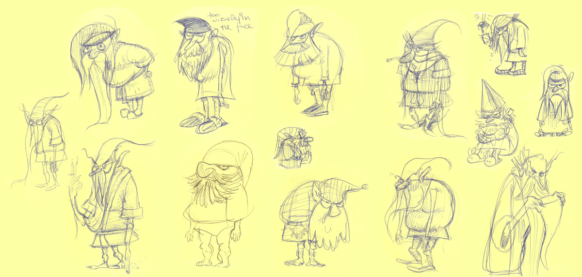Various sketches of wizardy and gnome like characters on a yellow background.