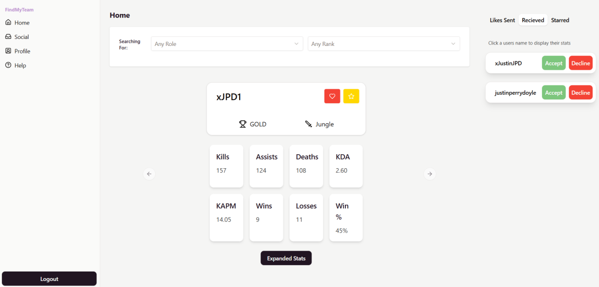 Home page of application
