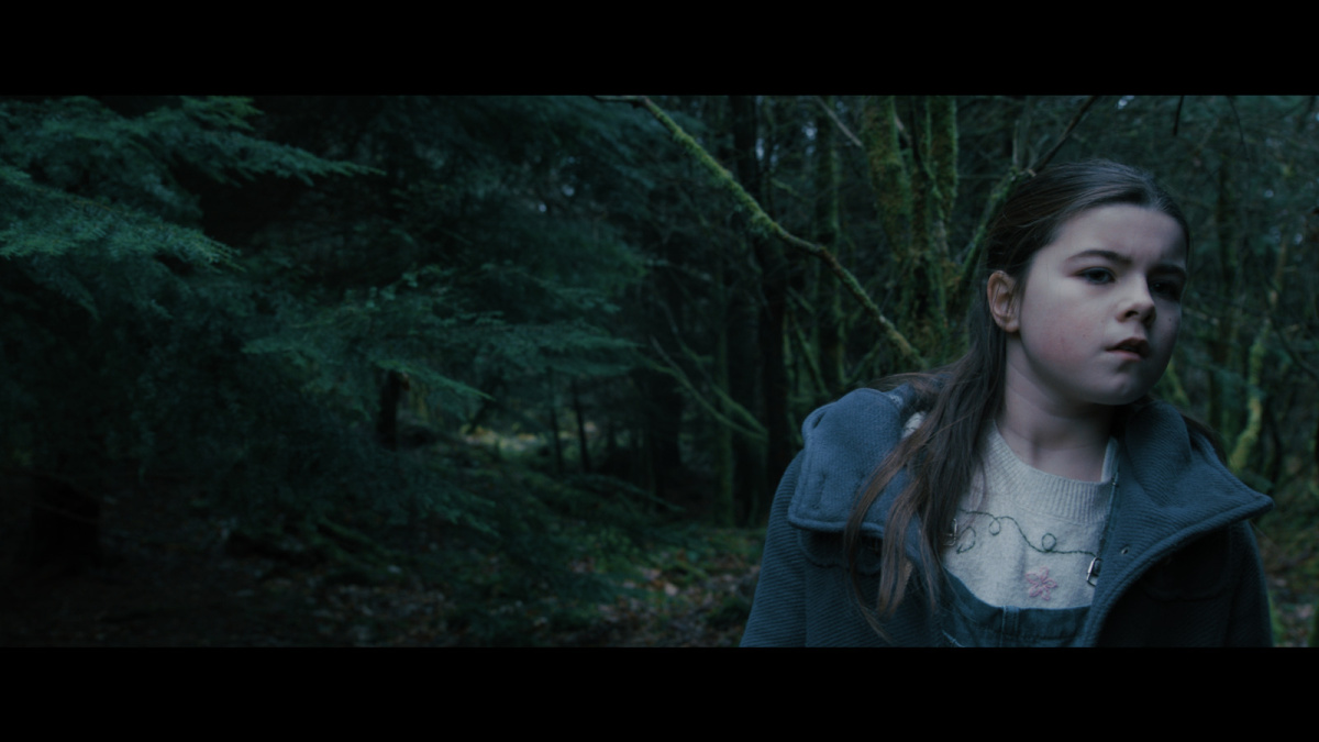 A young girl stares off into the forest.