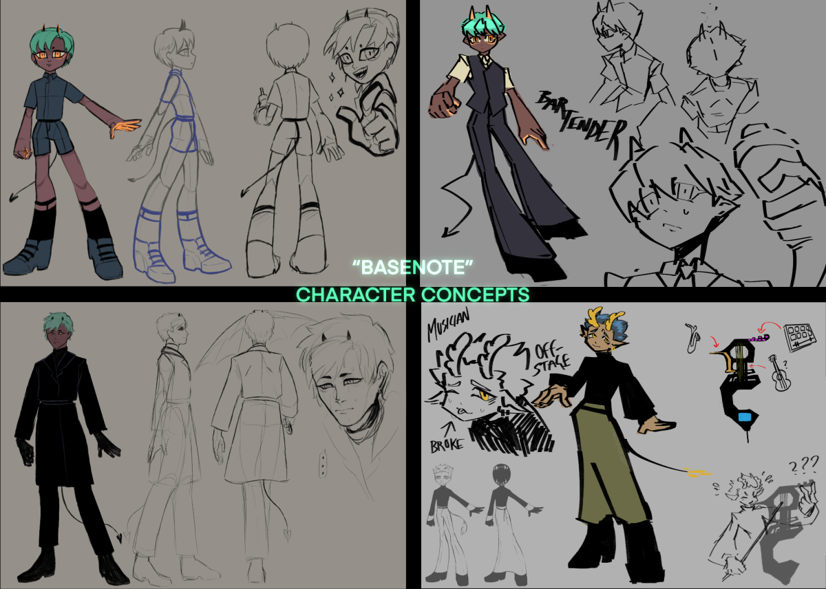 Four images featuring character design concepts for BASENOTE. The upper two are cartoonish concepts of the Bartender. The lower left is a more anime-style, human-proportioned version of the bartender. On the bottom right, there is a collection of sketches featuring the Musician in a cartoonish art style, along with his instrument. 