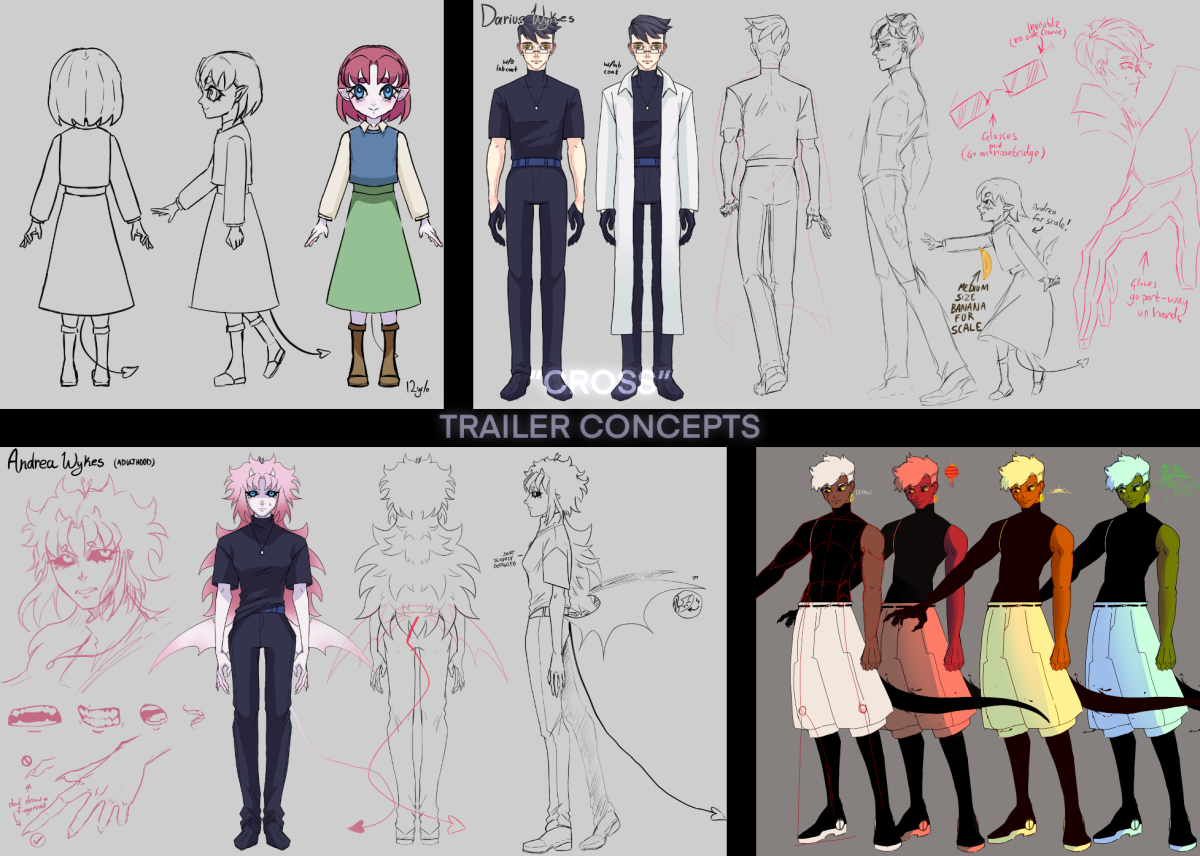 Four images in a grid composed of various character designs for CROSS.