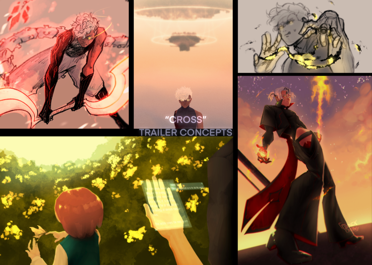 Five images in a grid of concept artwork created for CROSS.