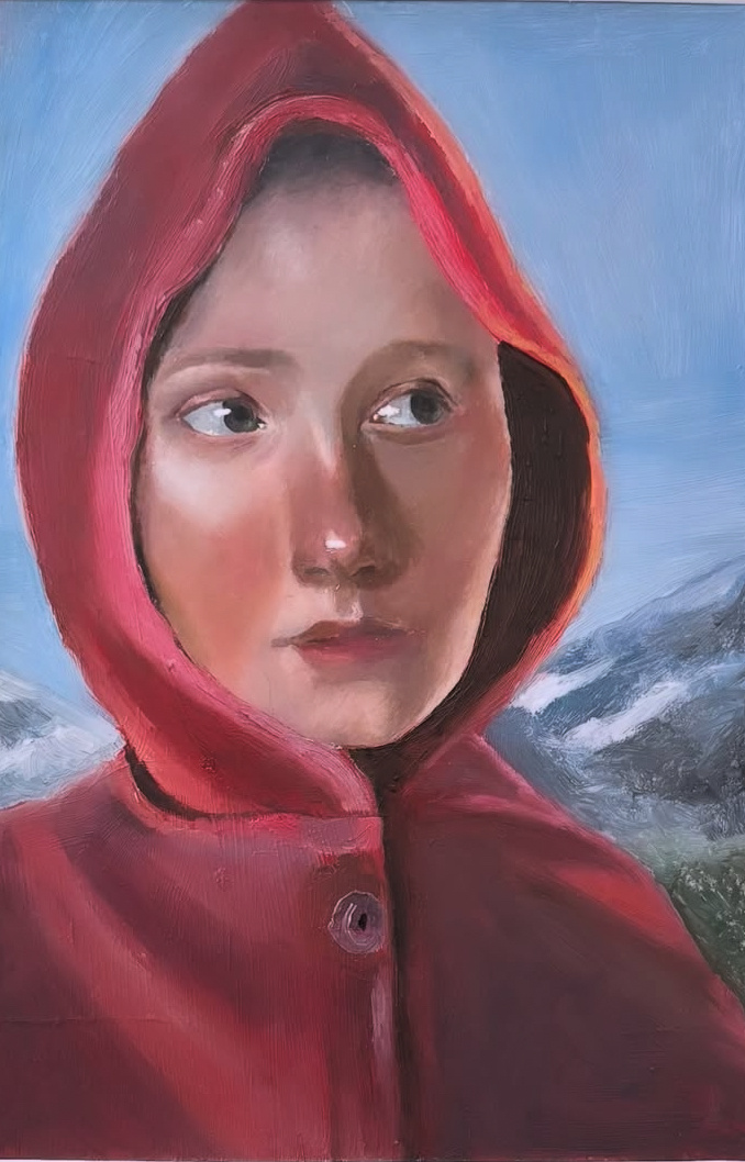 'Little Red', 2025. Oil on paper, 15 x 20cm