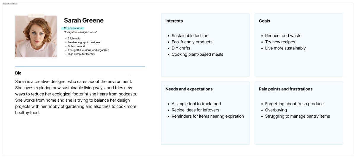 The image shows information on the main persona, Sarah Green who is a young individual interested in cooking more sustainably.