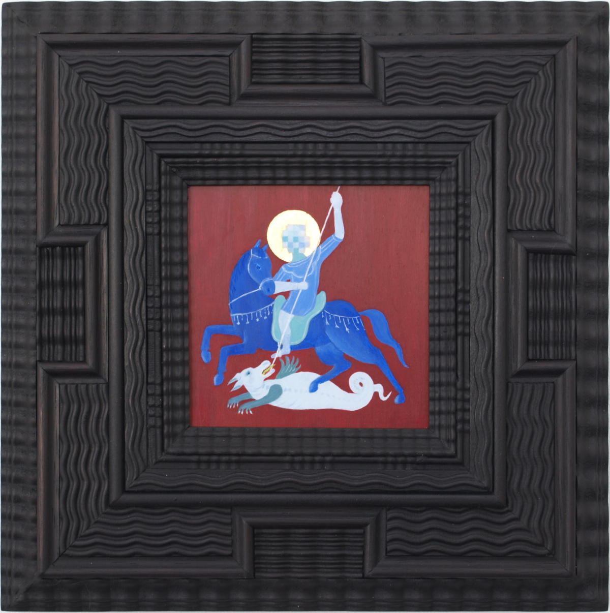 Ann Stillman, (2025), 'St George and the Dragon', oil and 23 karat gold leaf on wood panel, 10cm x 10cm.
