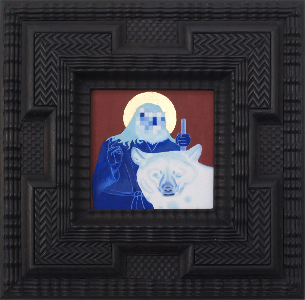 Ann Stillman, (2025), 'St Seraphim and the Bear', oil and 23 karat gold leaf on wood panel, 10cm x 10cm.