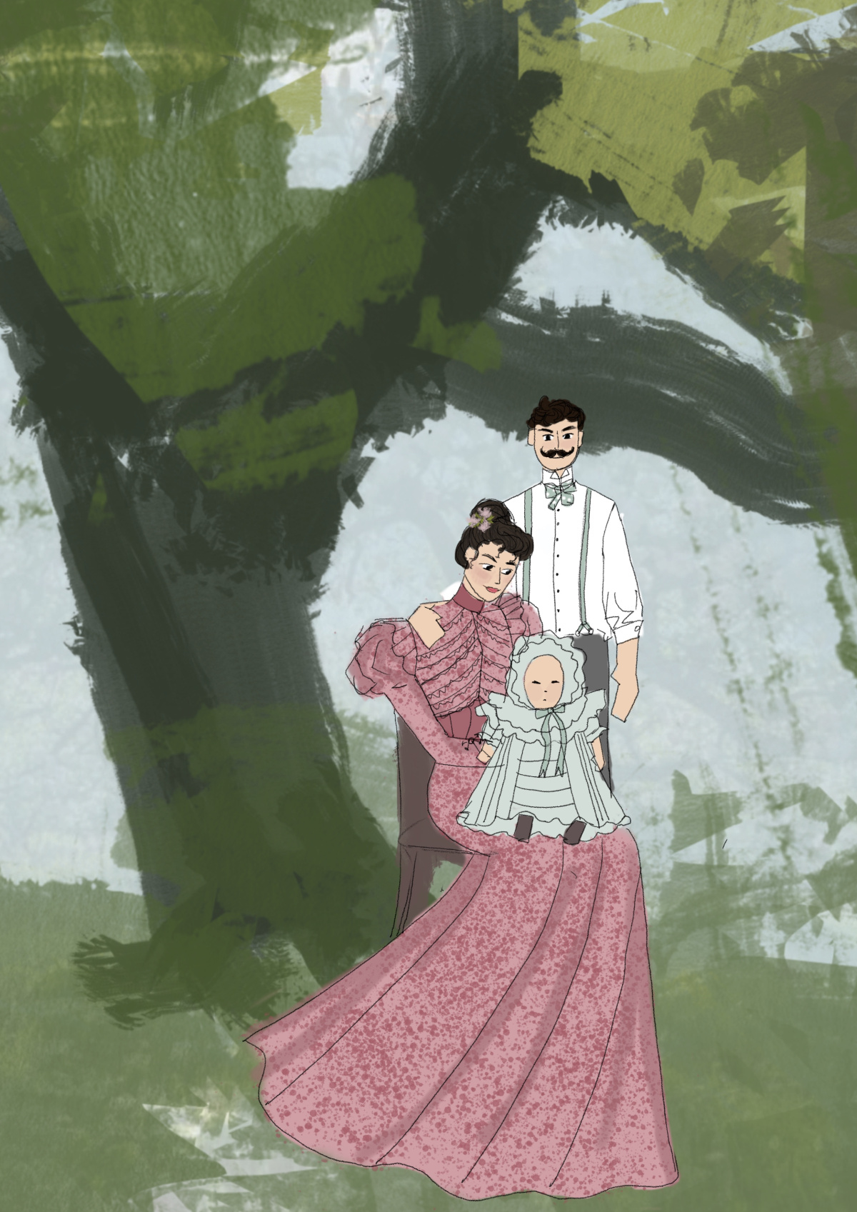 moment drawing of Mary rose, Simon and harry at the base of the apple tree