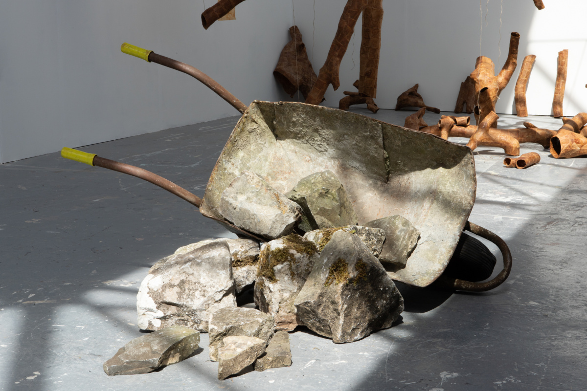 wheelbarrow on its side, large stones splayed beside it as if fallen out with a few still in the wheelbarrow, sunlight spotlight on it
