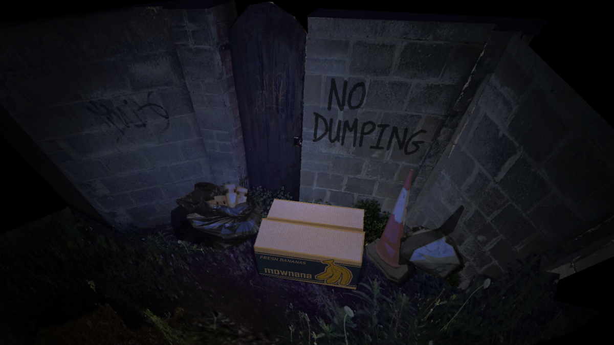 dark alleyway filled with trash and a box in the middle, digital collage background