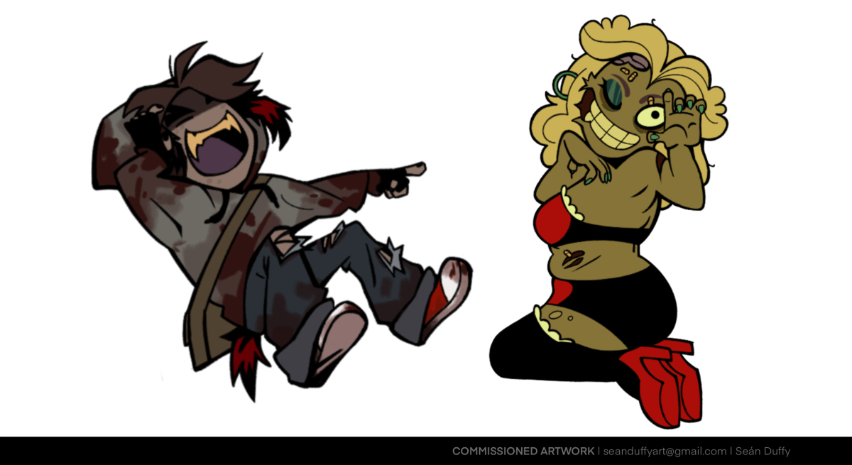 Two character illustrations; one of a mocking ghost and the other of zombie pinup girl.