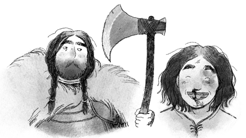Two drawings: a man holding an axe, and a young girl with a nosebleed.