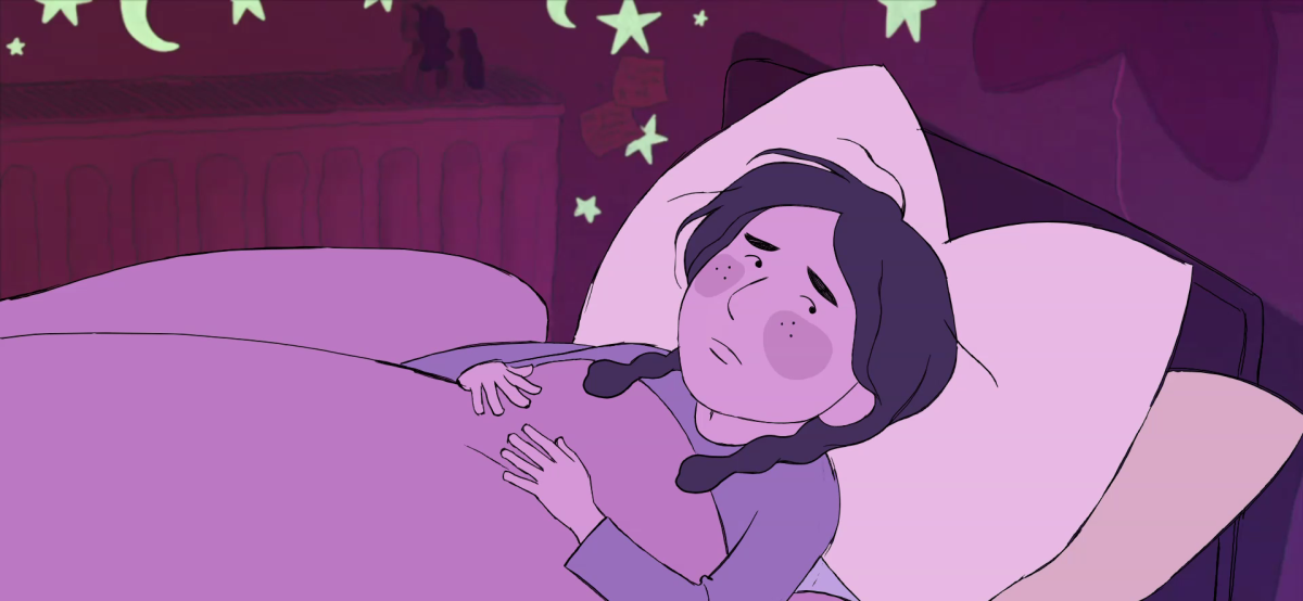 Méabh looking at her mother from bed.