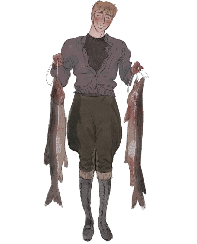 A young man holds two caught fish proudly.