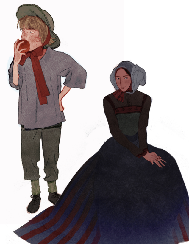 Two coloured drawings: a young boy eating an apple, and a woman wearing traditional European dress sitting on the ground.