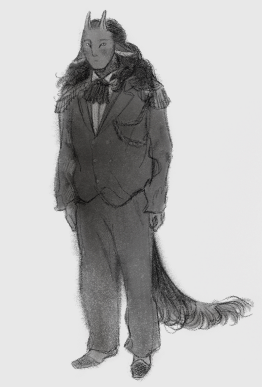 A drawing of a goat man wearing a suit.