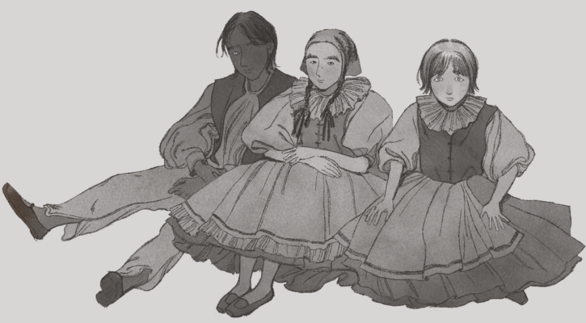 Drawing of three children from a Baltic country sitting in a row.