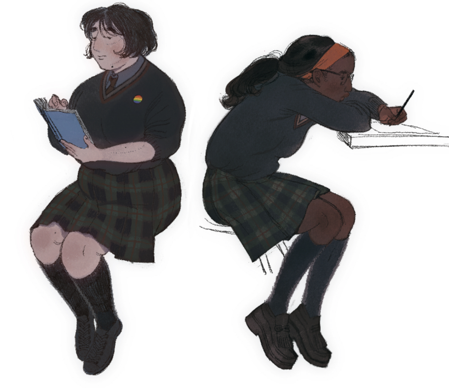 Young Mia and Omar sitting with their backs to each other in school uniforms.