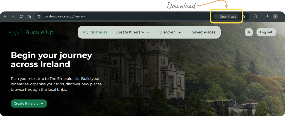Screenshot of landing page with a hero. Showing that the application can be downloaded