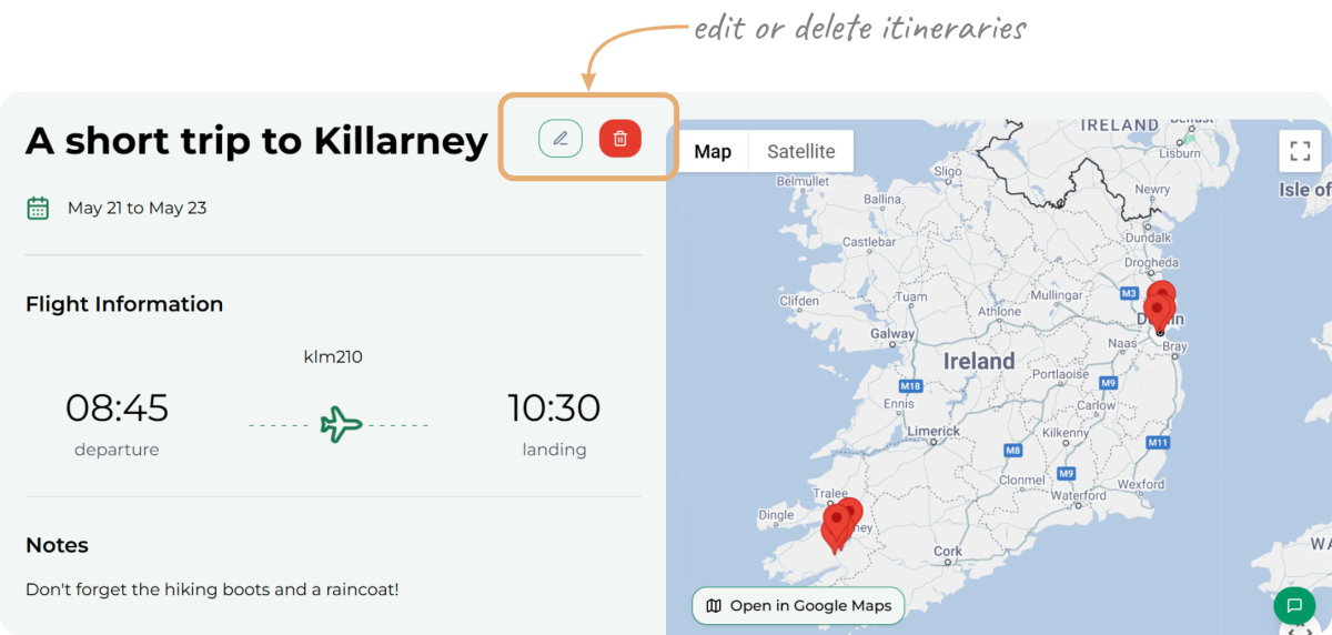 Screenshot showing the view page for an itienrary. Specifically pointing at the edit and delete button for the itinerary.