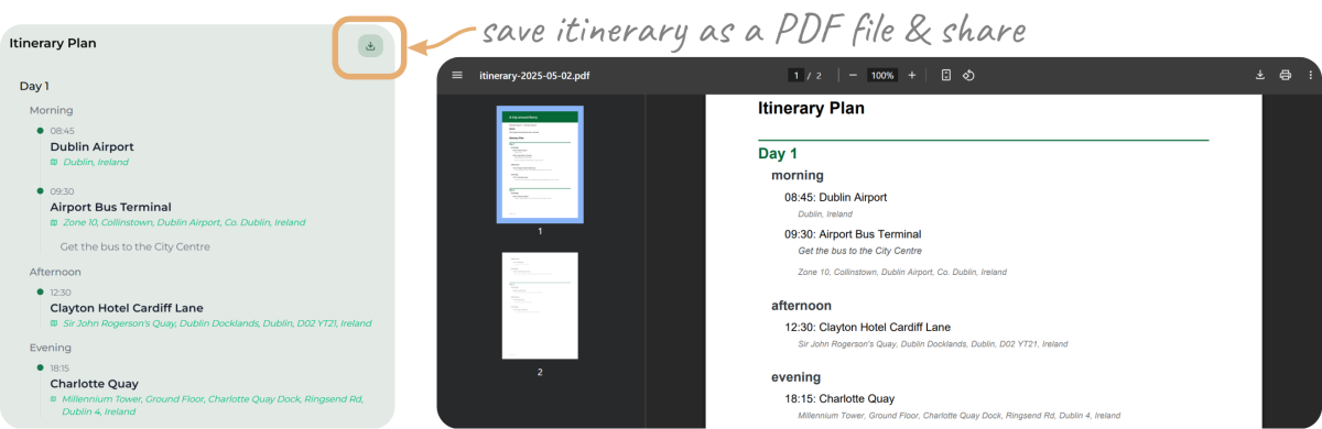 Screenshot displaying that the itinerary can be downloaded as a PDF file