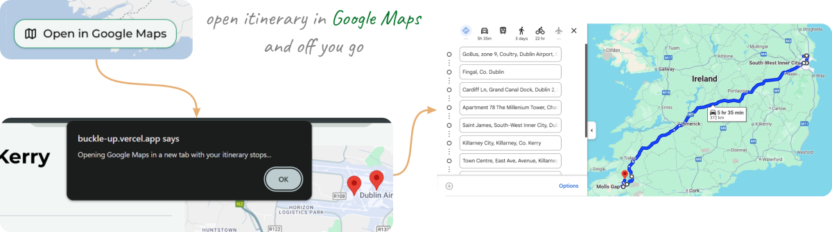 Image displaying the open in Google Maps button, which opens the stops in Google Maps for navigation