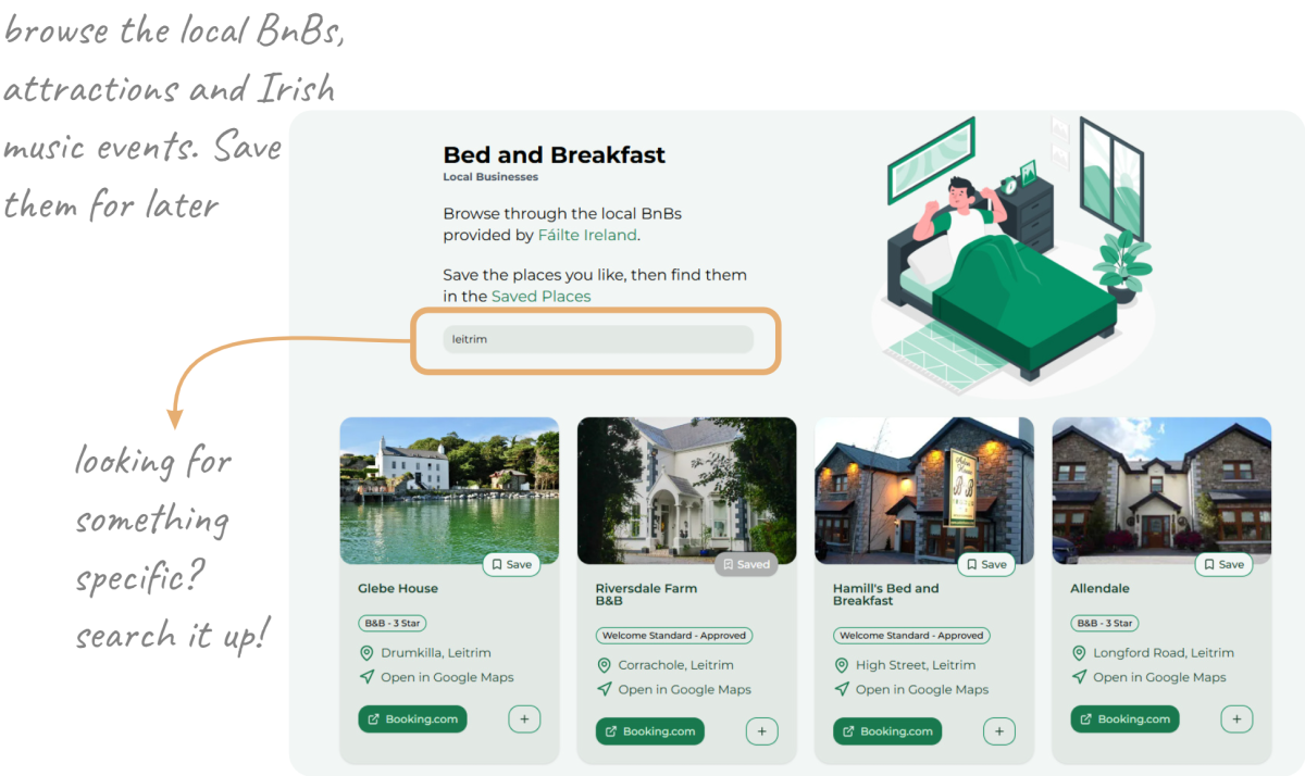 Image showing the BnBs that can be browsed. Search for something specific. Browse through the attractions, music events and local BnBs. Save them for later