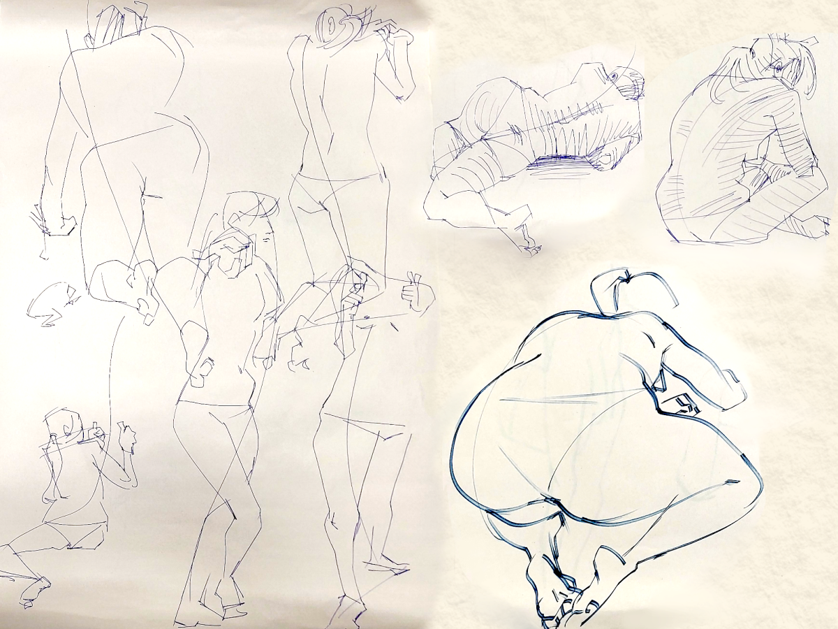 Life drawing sketches of a female body in various poses on a beige-white background.