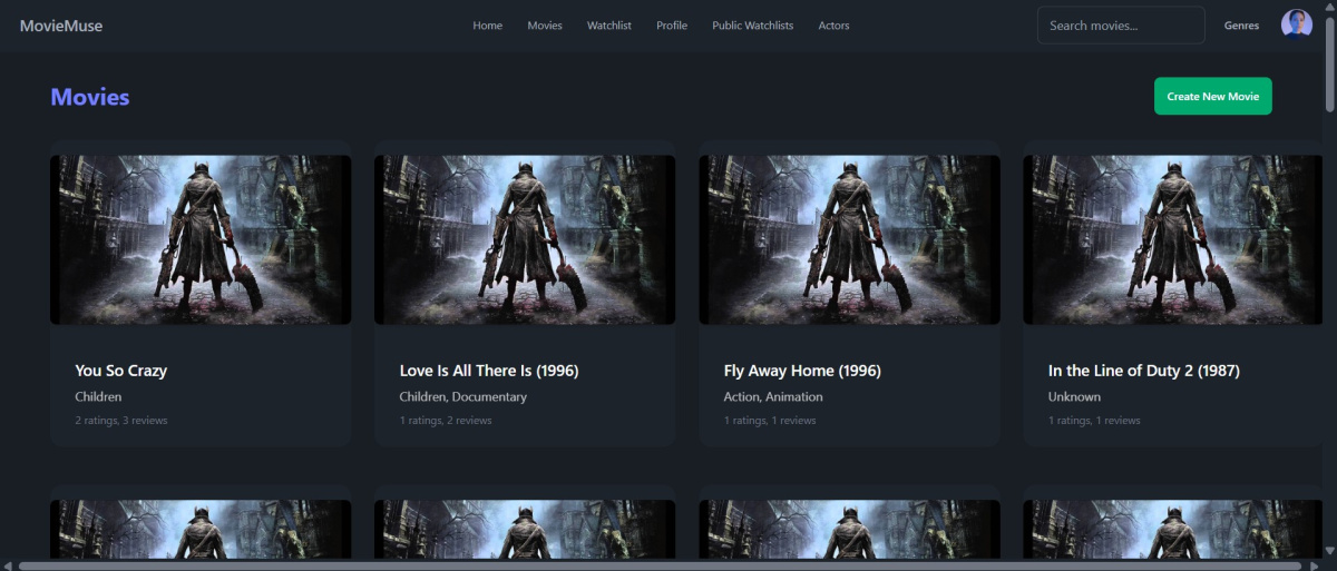 Movie page displaying movies