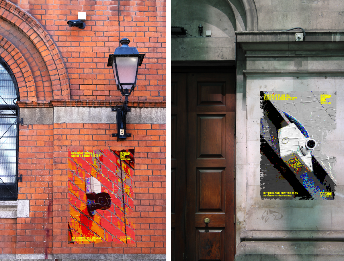 two contextual images of game promo posters, photos of posters on street walls depicting pixelated photos of cctv cameras next to the real cameras