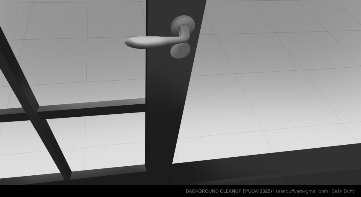 A greyscale background illustration for 'Puca' 2025. The image is of a double door, with the right side left open to accommodate for an animation of the door being opened.