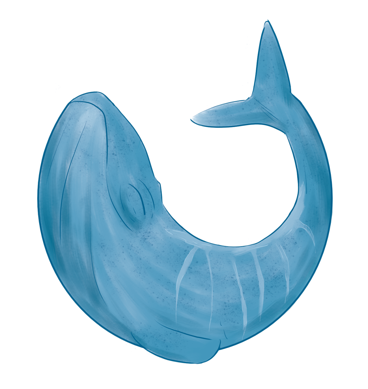 A stylised whale with a big smile. It has a scar along its back
