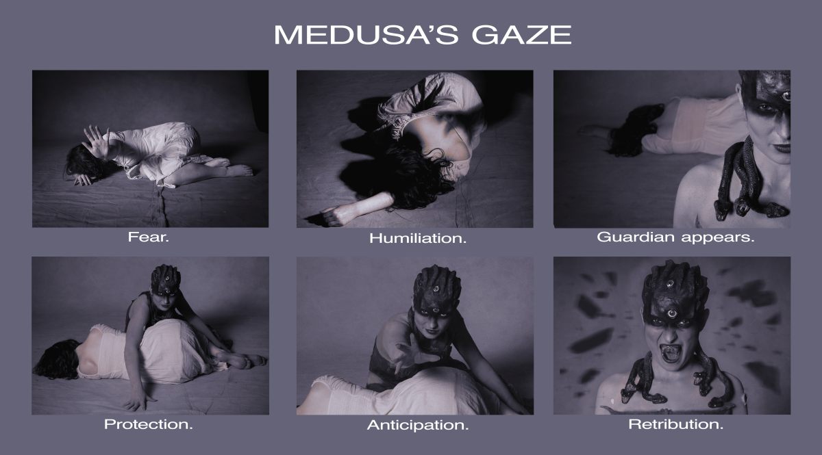 Photo sequence telling the story of an innocent girl being domestically abused by a man and guardian appearance to revenge.