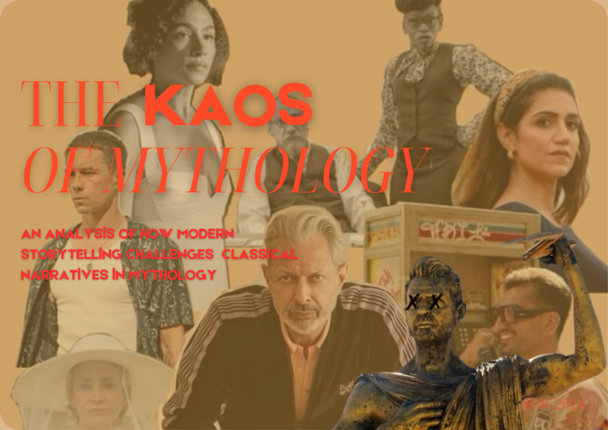 A poster with various actors, and a gold statue of a deity holidng a lightening bolt. The poster reads 'THE KAOS OF MYTHOLOGY - AN ANALYSIS OF MOFERN STORYTELLING CHALLENGING WESTERN NARRATIVES IN MYTHOLOGY'