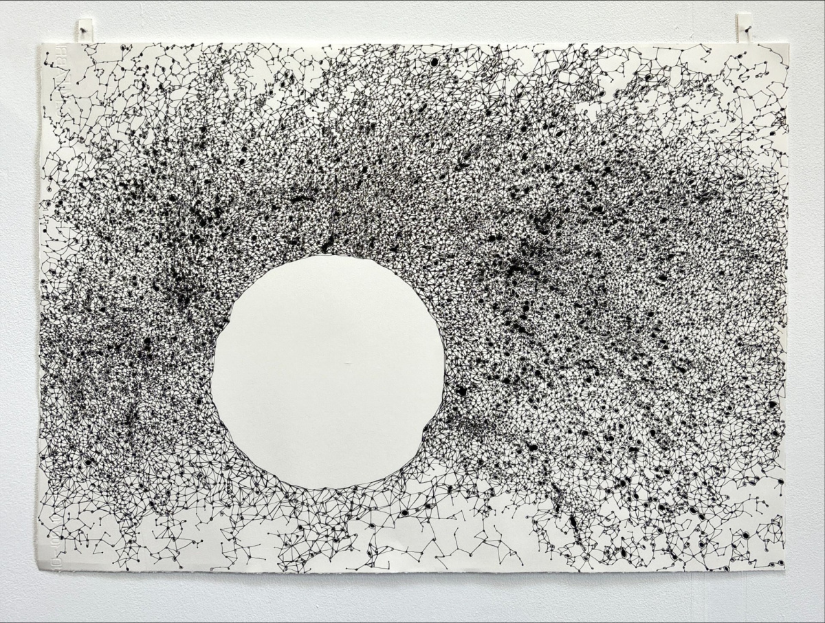 Pupil Cobweb, 2025, Gel pen + Acrylic on paper, 70.5 cm × 50 cm. Wafaa Mohamed