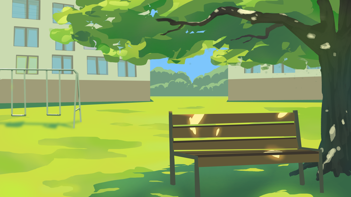 illustration of a bench under a tree in a sunny park