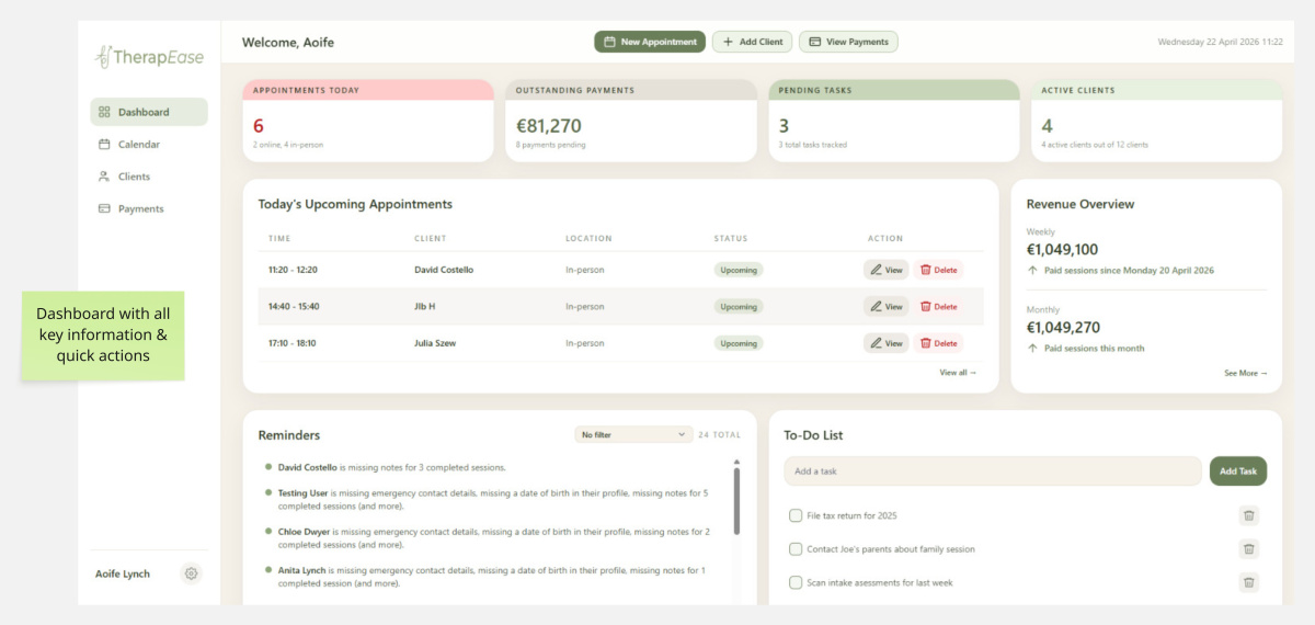 Dashboard page of TherapEase