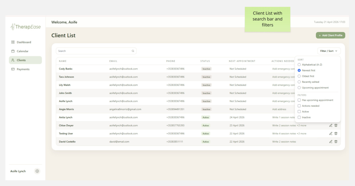 Client list page showing a table of clients