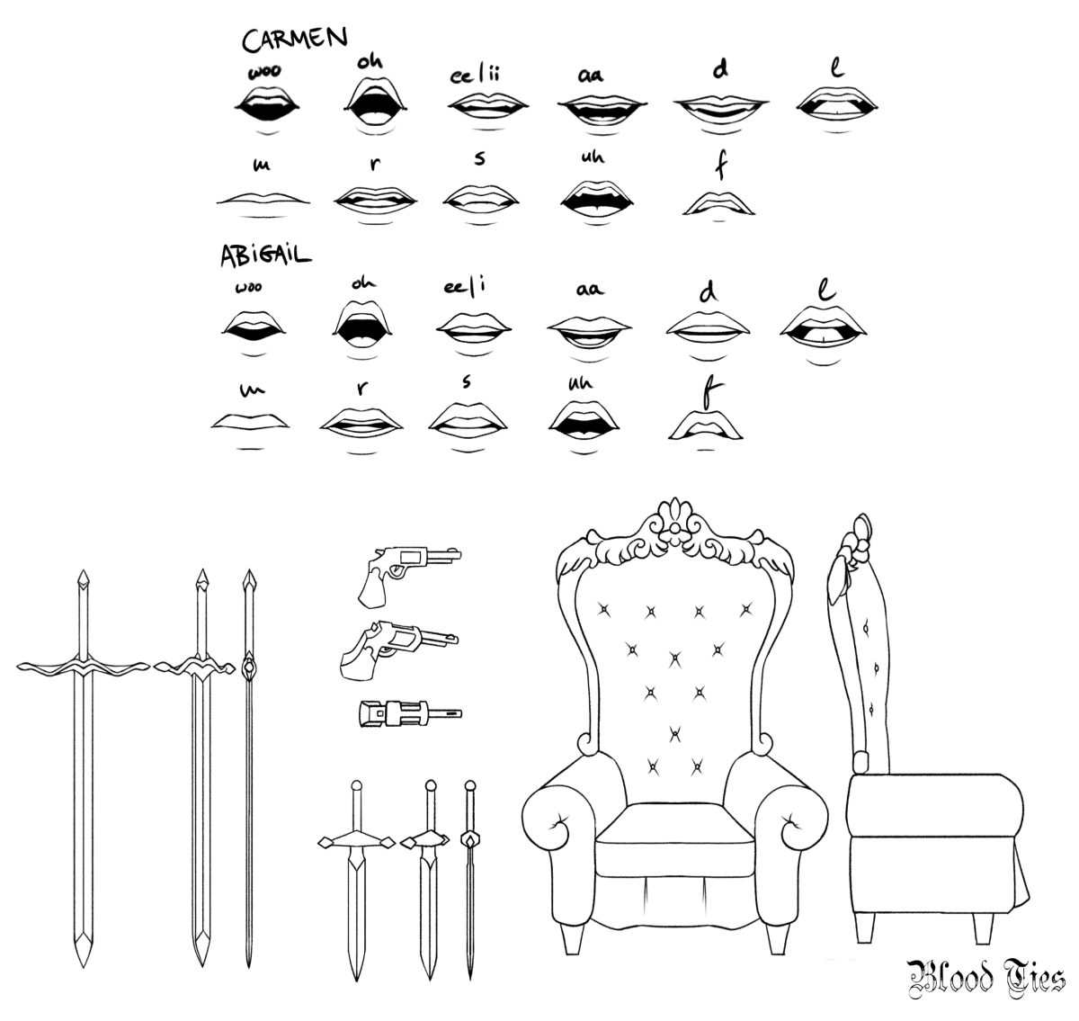 An image containing various prop turnarounds and mouth charts for animation in 'Blood Ties'