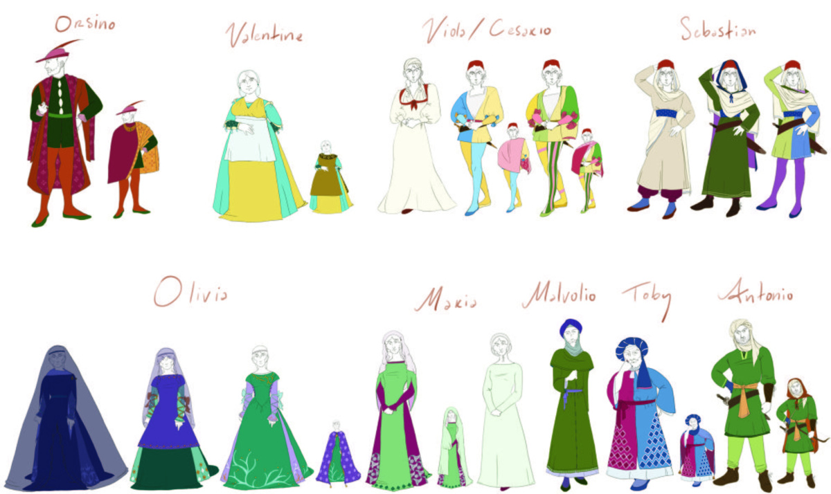 Final character drawings for Shakespeare's 'Twelfth Night'.