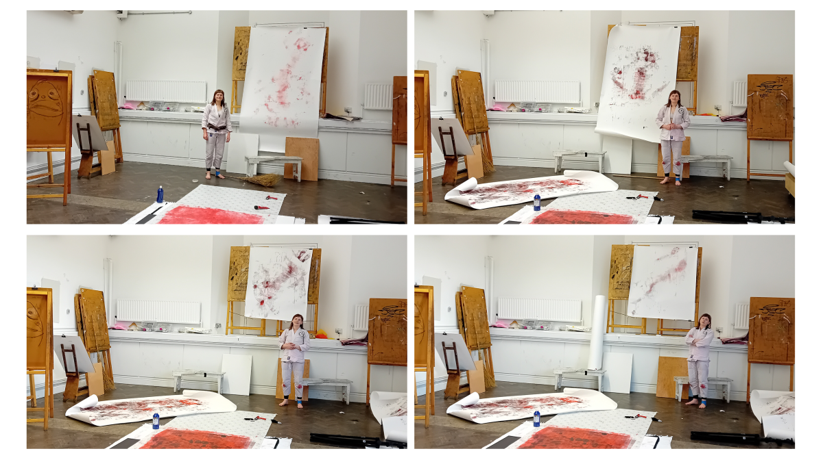 Documentation images of the artist with full body prints.