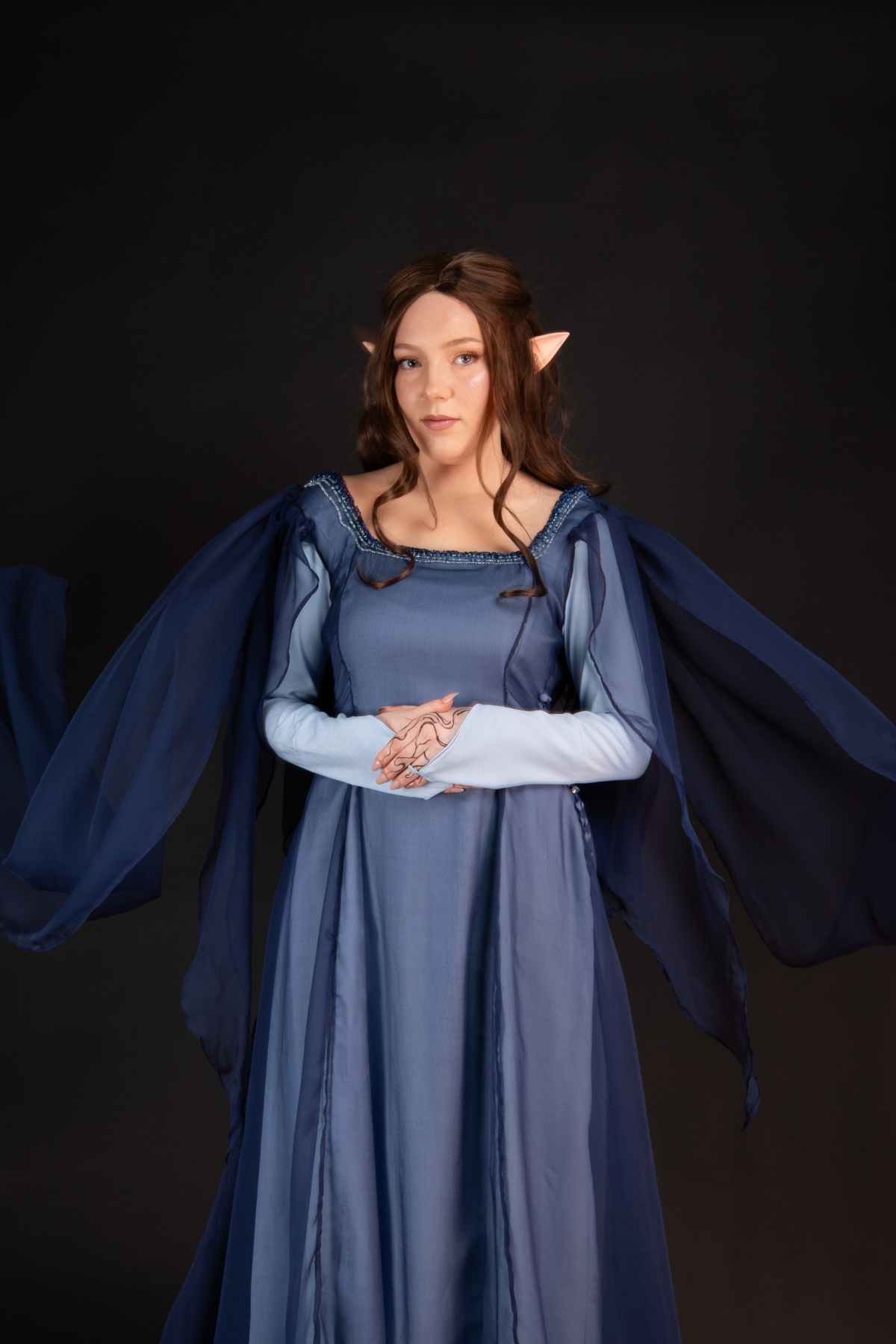 This photo highlights the two trains of the dress. Modelled by Ellen Farquhar and photographed by Sarah Lordan.